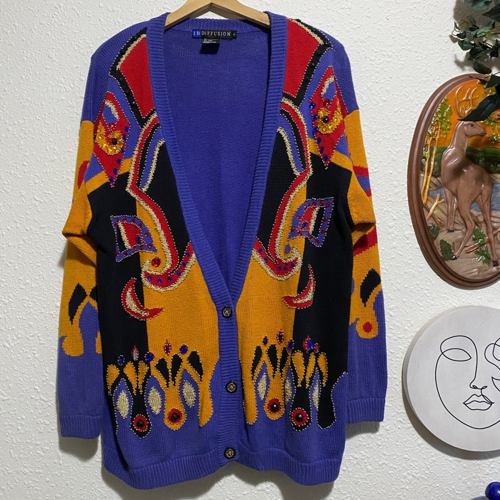 Vintage IB Diffusion women's L Embellished Knit Cardigan‎ sweater multicolor Art